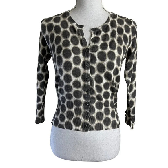 Audrey & Grace Petite Medium Spotted Cardigan Sweater Button Up White Tan Gray - Picture 1 of 7